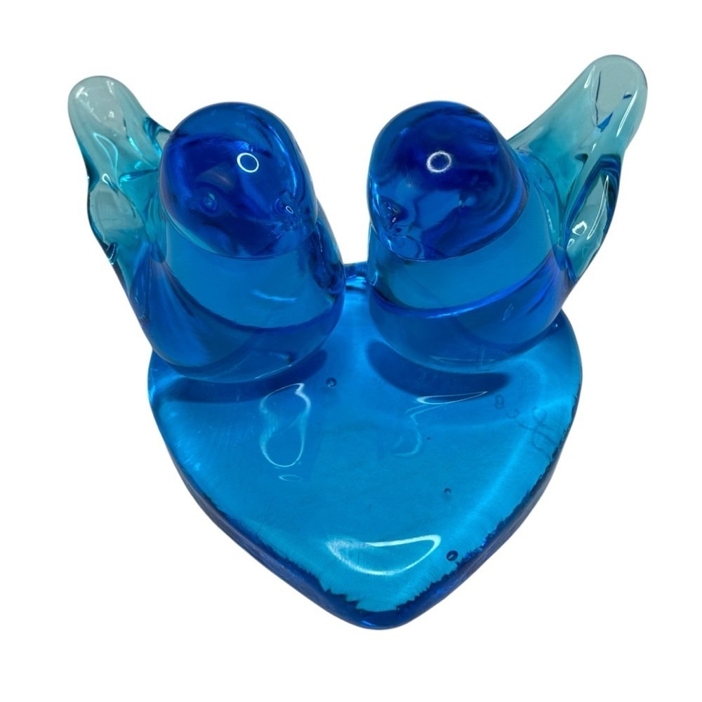 Signed Pair of Blue Birds of Happiness on Heart Shaped Base Glass Home Decor
